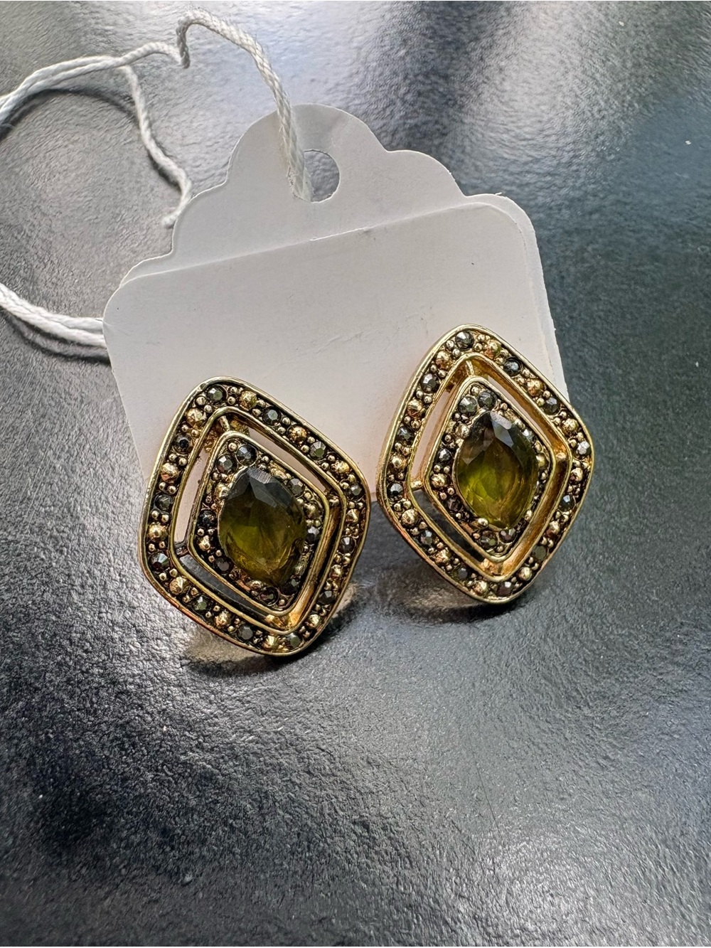 Vintage Monet Gold Tone Olive Green Stone Clip On Earrings